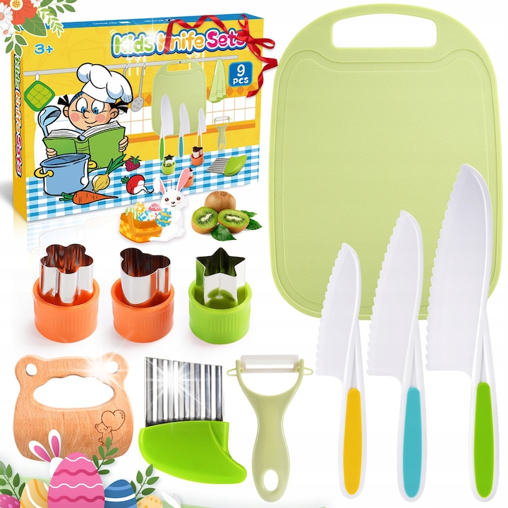 Set de ustensile de bucatarie pentru copii 9 piese, ATOPDREAM, culori diverse, siguranta sporita