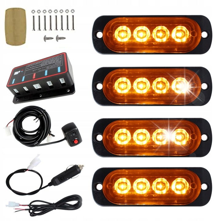 Set 4 Lampi Stroboscopice LED 12V, 16W, Portocalii, Waterproof, Dimensiuni 84x27x10mm