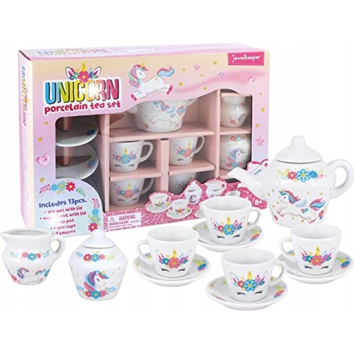 Set de ceai pentru copii, 13 piese, porcelan, unicorni, pentru 4 persoane, alb