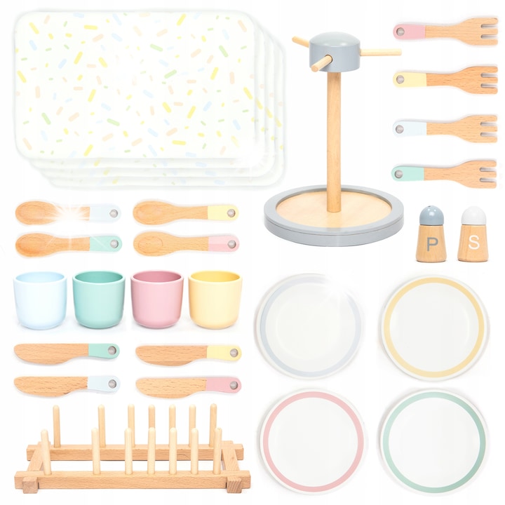 Set de vase din lemn pentru copii UMU, 33 piese, culori variate, include tacamuri, farfurii, cana, suport pentru tacamuri si condimente.