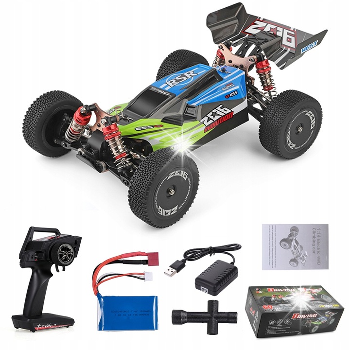 Masina RC WL Toys 144001 4x4 1:14, verde-albastru, dimensiuni 31x20,5x11cm, set complet
