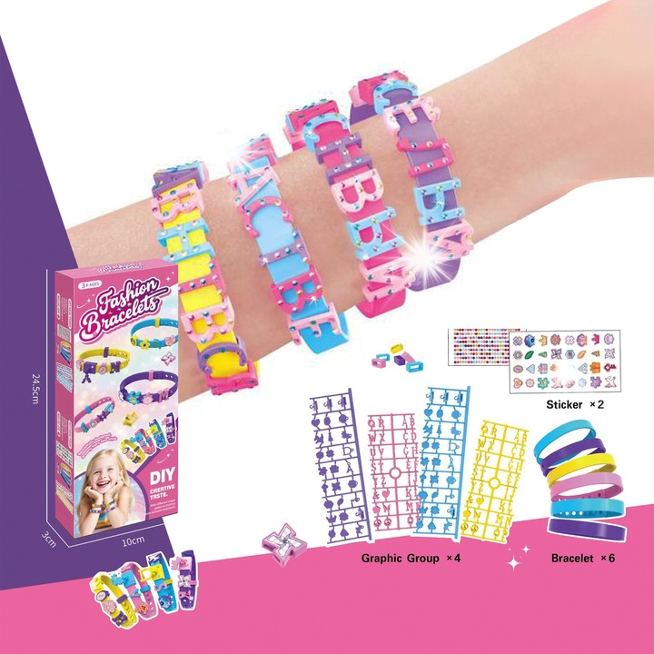 Set de bratari cu litere si decoratiuni, 6 benzi colorate, 4 combinatii de litere, organizator