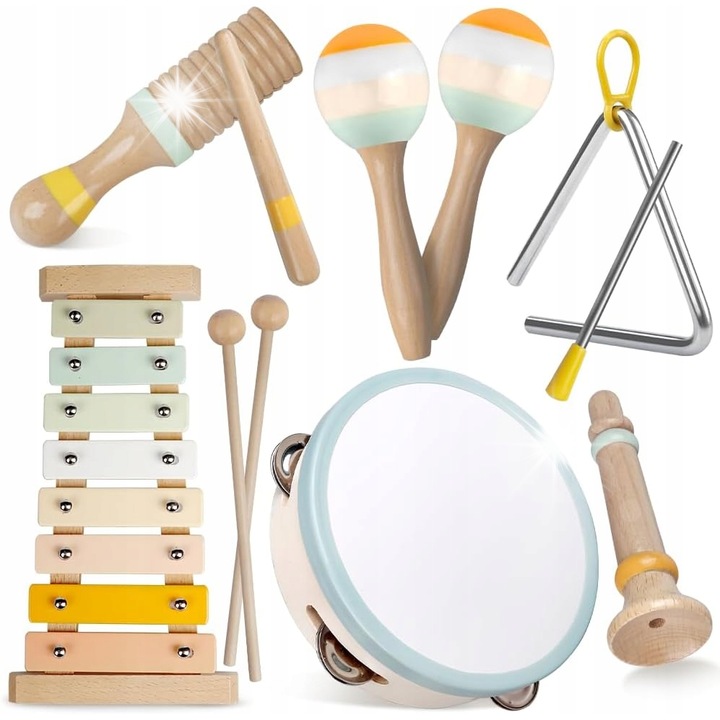 Set educational instrumente muzicale din lemn pentru copii, 6 in 1, culori neutre, 3+ ani