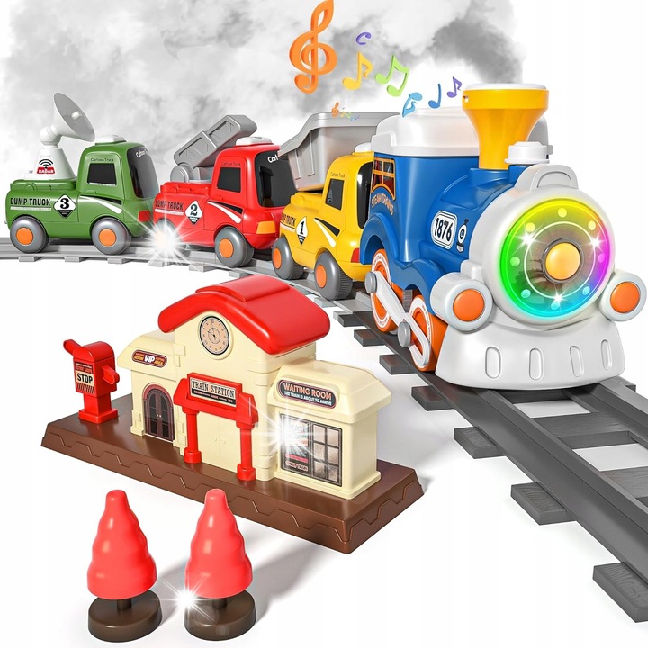 Set trenulete electrice Zosudull, locomotiva cu LED, sunete si fum, 1 locomotiva, 4 vagoane, 8 sine curbe, 4 sine drepte