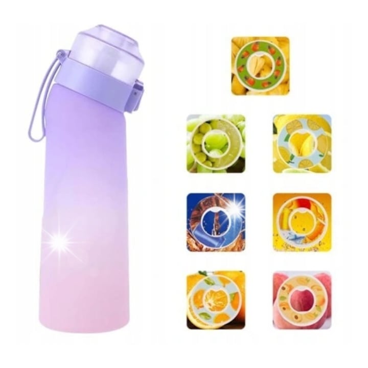 Butelca sportiva pentru apa 650 ml, 7 capsule de aroma, fara BPA, gradient violet