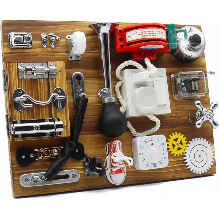 Tabla manipulativa senzoriala Montessori 21 in 1, abilitati motorii, lemn, 3+ ani