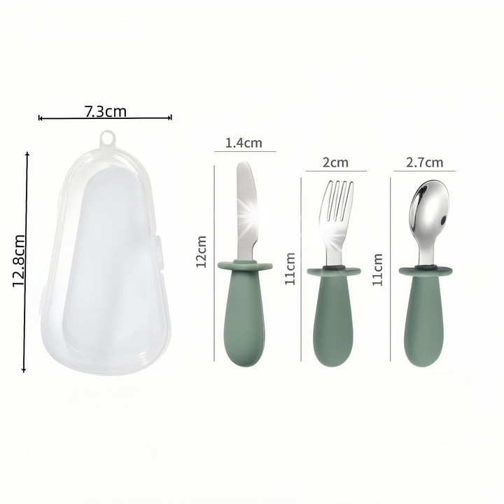 3 darabos etetőkészlet babáknak, zöld/ezüst