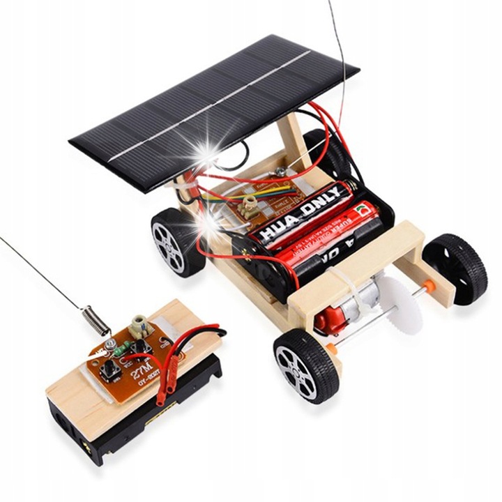 Masina educationala, RC din lemn, dimensiuni 12x11x10,5cm, alimentare solara