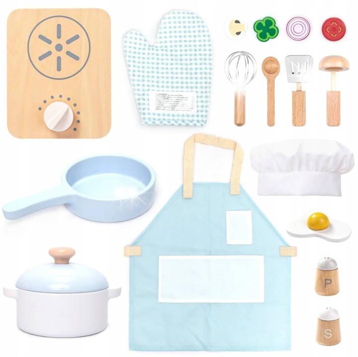 Set de bucatarie din lemn pentru copii, 18 elemente, UMU, culori diverse