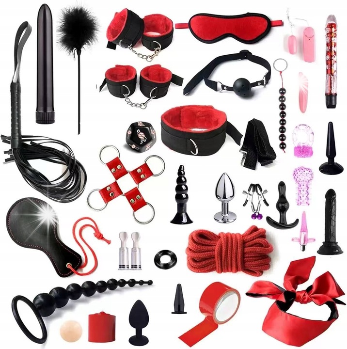 Set BDSM 35 Elemente, Catuse, negru/rosu