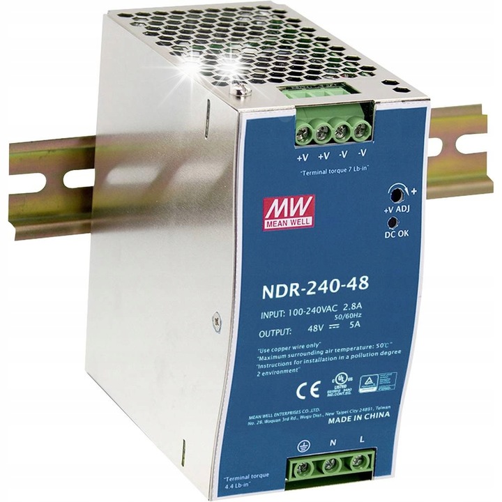 Sursa alimentare DIN 240W 24V 10A MEAN WELL, protectie la suprasarcina, dimensiuni 63x125,2x113,5mm