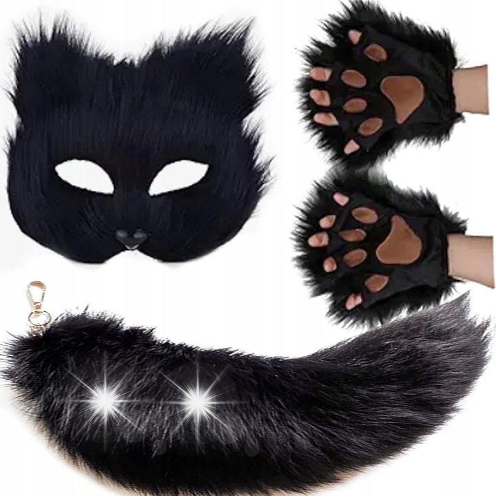 Set costum carnaval, coada de vulpe din blana, masca pufoasa, manusi pufoase, negru