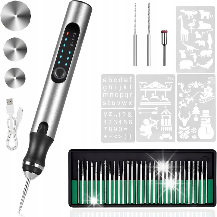 Set de unelte electrice pentru gravare, 23 piese, 3 viteze, incarcare USB, 5000-18000 rpm, portabil