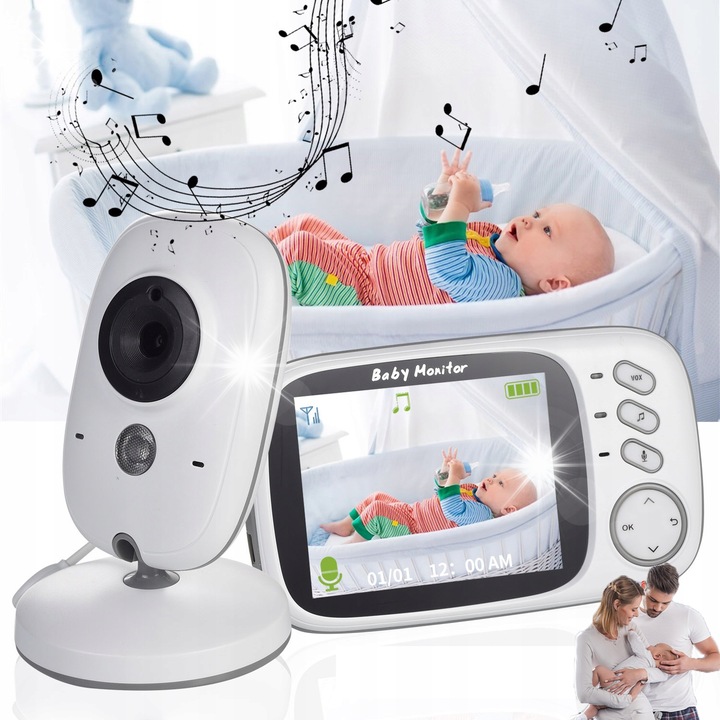 Monitor video pentru bebelusi, 3.2" LCD, rezolutie 1280x720, functie VOX, set cu camera suplimentara, alb