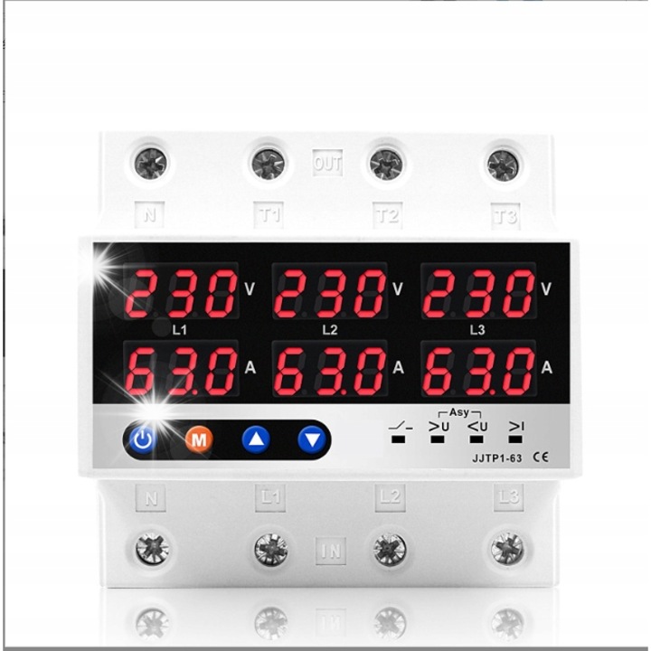 Protector de tensiune si curent 63A, 3-fazat, material plastic, cu display digital