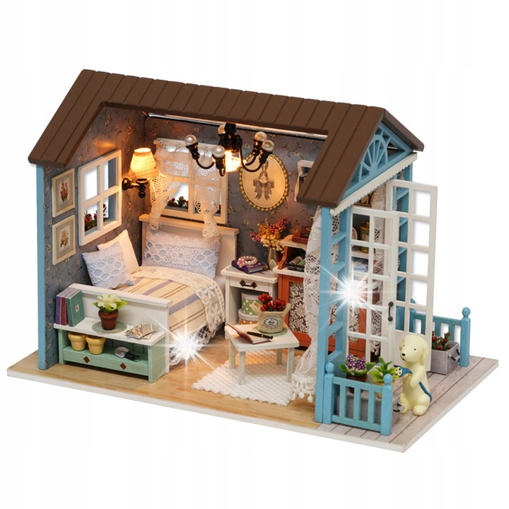 Направи си сам къщичка за кукли Habarri, 3D дървена, с мебели и LED светлини, 21x12.5x14.5см, пълен комплект