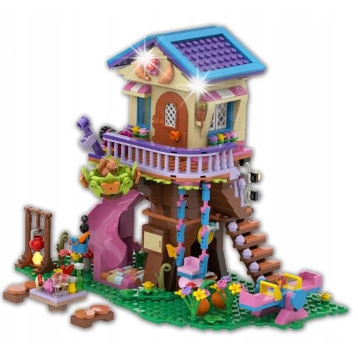 Set de constructie, CUBIMANA, casuta pe copac cu LED, 618 piese, multicolor, pentru copii 6-11 ani