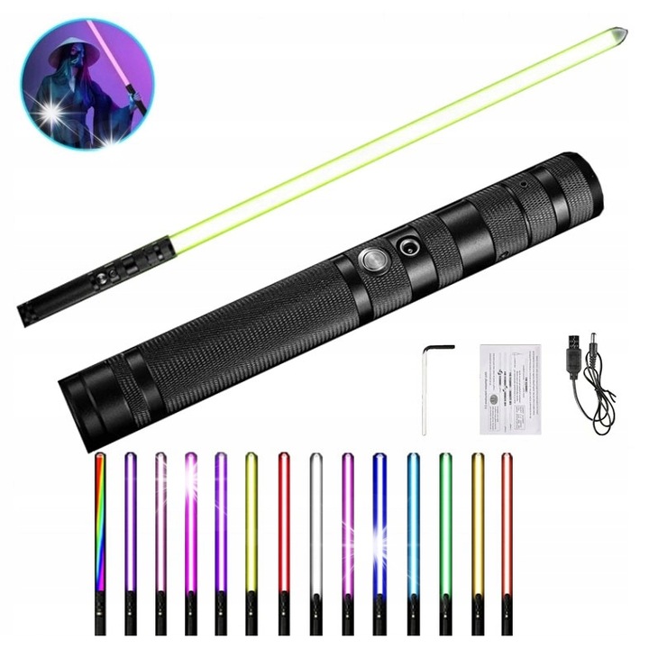 Sabie luminoasa metalica RGB, 30 inch, 14 culori, set cu cablu USB si instructiuni