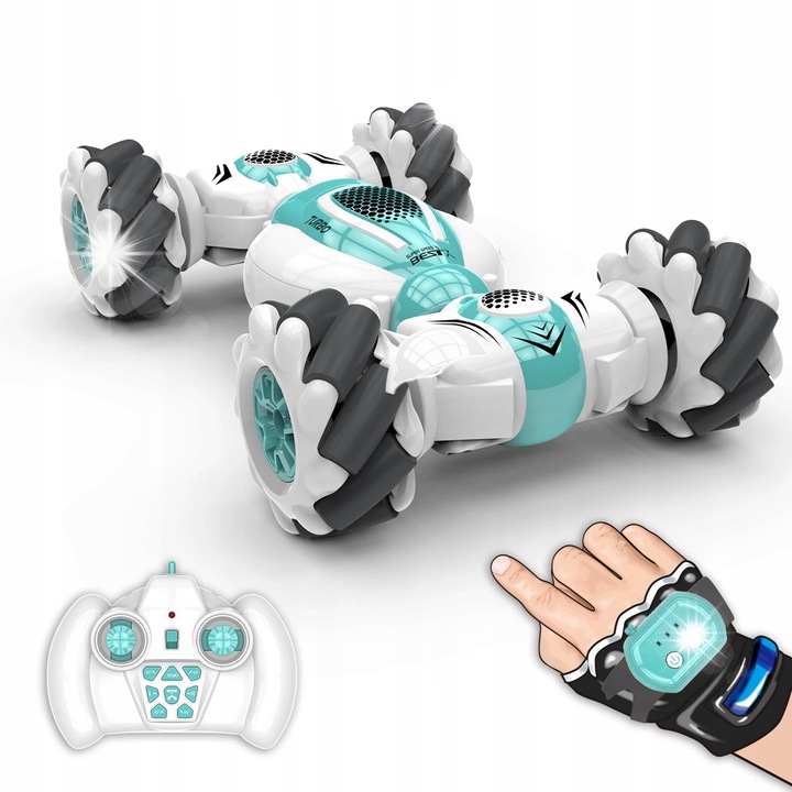 Masinuta kaskadera RC, verde, 17,7x11x4,8cm, set cu telecomanda si ceas cu detectare gesturi