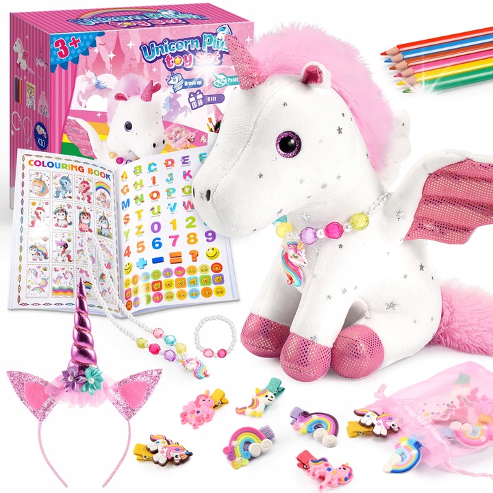 Set jucarii Unicorni, ATOPDREAM, 22 piese, plus soft, bratara, cercei, agrafe, caiet de colorat, 2-8 ani
