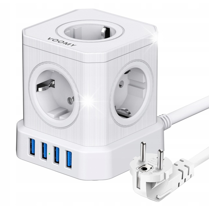 Prelungitor Voomy 9 in 1, 5 Gniazdek, 4 Porturi USB, Alb, 9x9x0,1cm