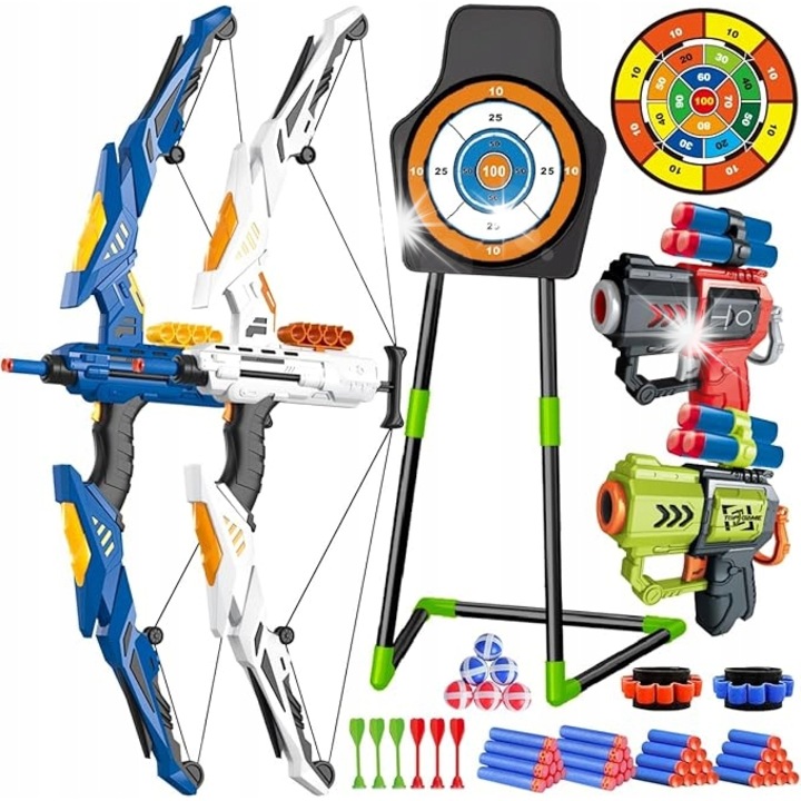 Set arbaleta si sageti LED pentru copii, 2 piese, tinta autoadeziva, 3-12 ani