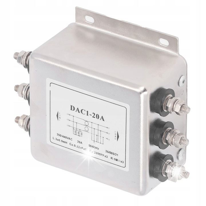 Filtru de alimentare EMI 3-fazic 20A, 250/440V, dimensiuni compacte, metalic
