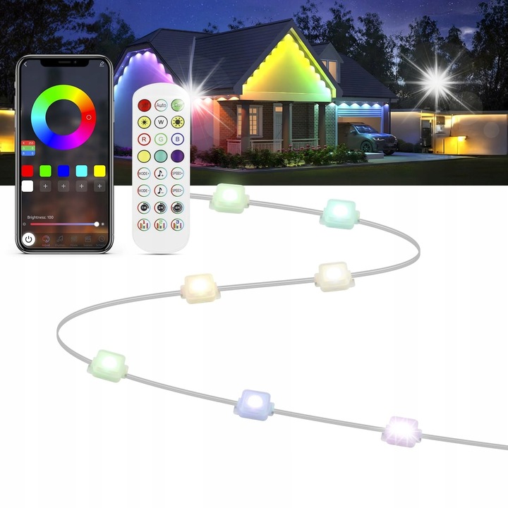 Set de lumini inteligente RGB pentru eaves, 15m, 30 LED, waterproof, pentru exterior