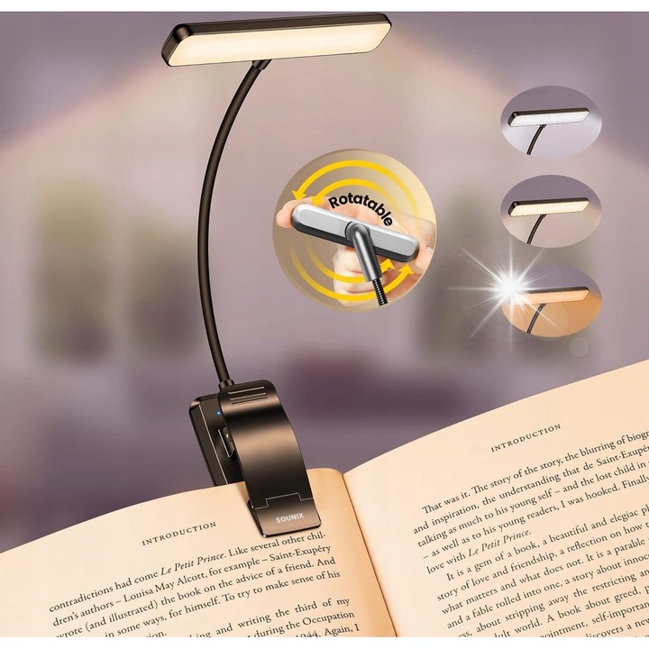 Lampa LED de citit cu acumulator Sounix, 3 culori, dimensiune ajustabila, portabila