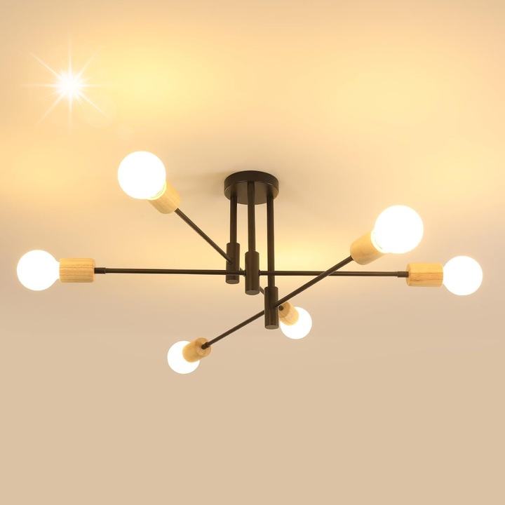 Plafoniera Comely, negru + lemn, 6 surse E27, 71x71x32cm