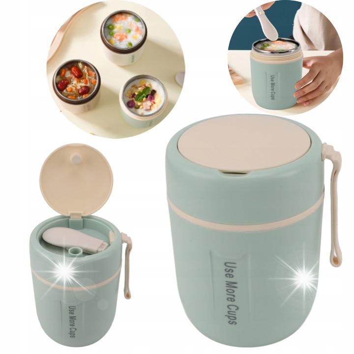 Sloi izolat pentru alimente, 500ml, inox 304, verde, cu lingura