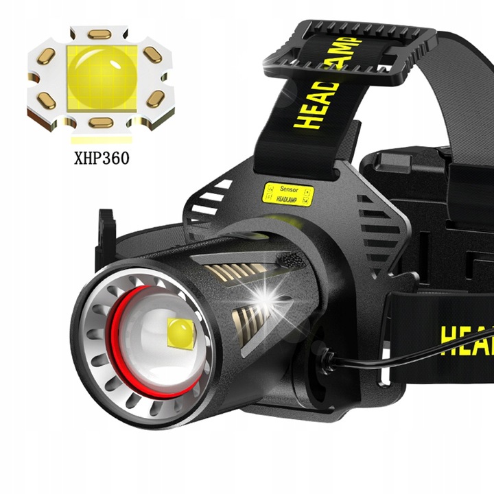 Lanterna frontala XHP360, 30W, 2000 lumeni, negru, 8.8cmx4.7cm, cu functie powerbank, set cu 3 acumulatori 18650