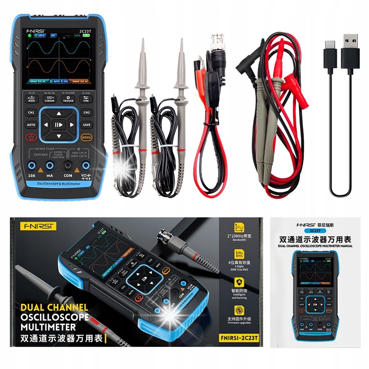 3 az 1-ben mérőeszköz, FNIRSI 2C23T, oszcilloszkóp, multiméter, generátor, 2 csatornás, 10 MHz, 2,8" LCD, fekete-kék