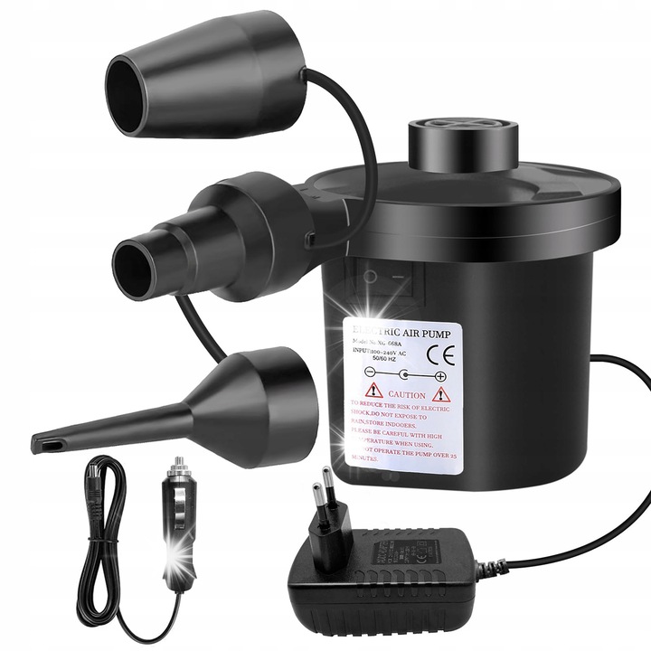 Pompa electrica de umflat, 12V/230V, 3 capete incluse, 60W, 12x12x11cm, multicolor