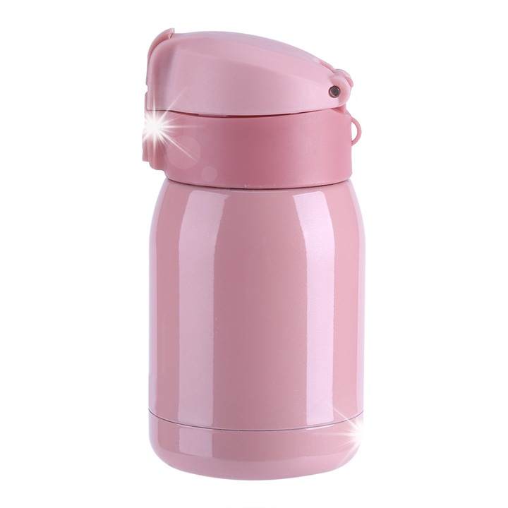 Mini termos roz, 200ml, inox, prindere sigura, design portabil