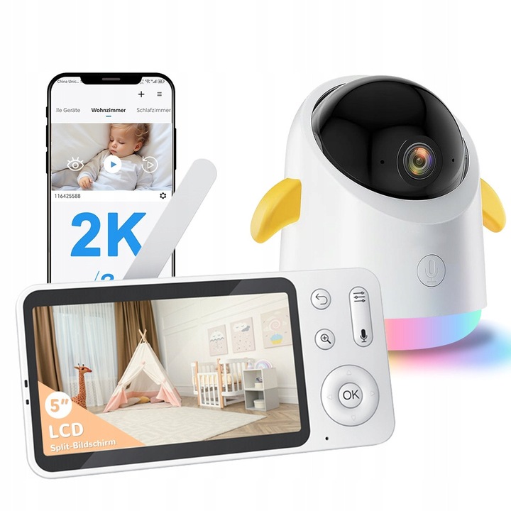 Видеокамера за бебета, 2K, 3MP, 4x увеличение, 5" LCD монитор, детекция на движение и звук, захранване с батерия 3000 mAh