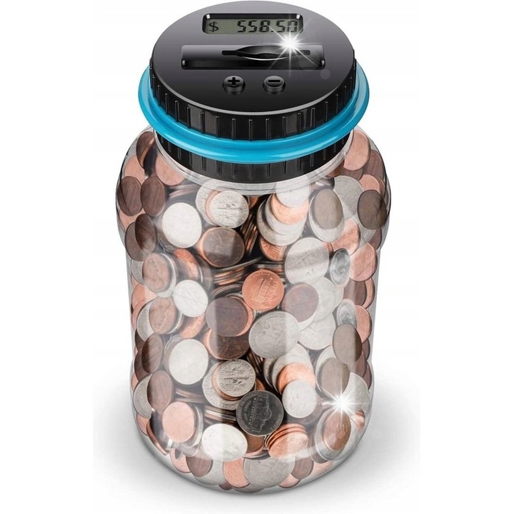 Pusculita digitala cu contor de monede, transparenta, capacitate 1.8L, pentru copii