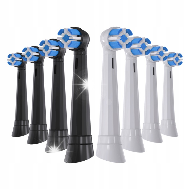 Set 8 capete de schimb pentru periute de dinti, compatibile cu Oral-B iO, alb si negru, fir moale