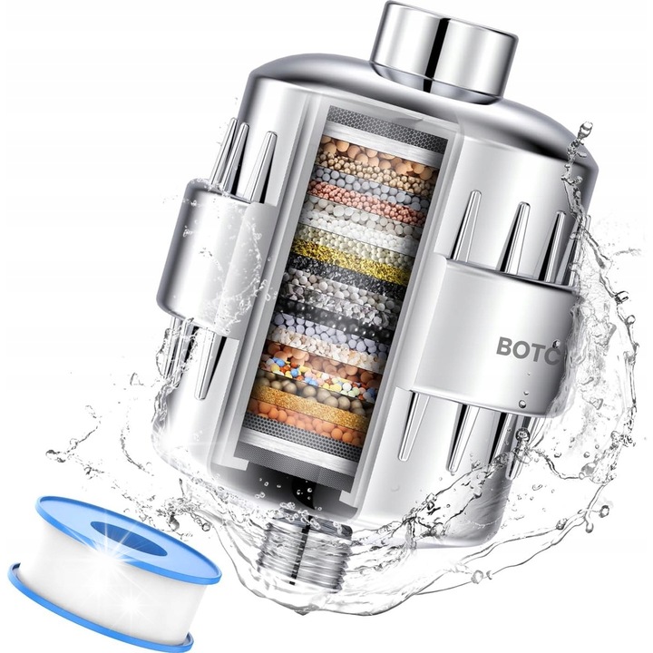 Filtru de apa pentru dus, 20 trepte, argintiu, set cu 2 cartuse filtrante