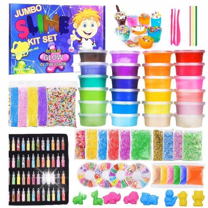 Комплект 120 части слайм, 24 цвята, 48 бутилки брокат, 6 цвята глина, 8 чаши, 2 пакета керамични плодове, 3 инструмента, 4 пакета топчета от пяна