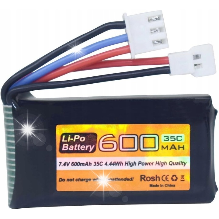 Baterie Lipo 7,4 V 600 mAh 35C 2S, dimensiuni 45x14x23cm, greutate 27g