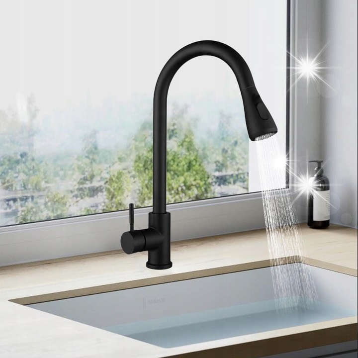Fekete konyhai csaptelep spray-vel, Waterfall modell, 2 funkció, 21x37x3,5 cm, teljes telepítőkészlettel