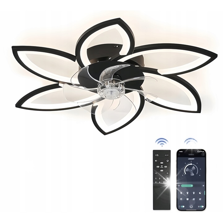 Lustra cu ventilator LED, AjieQaQ, negru, 80W, dimabil, 75x75x14cm, cu telecomanda