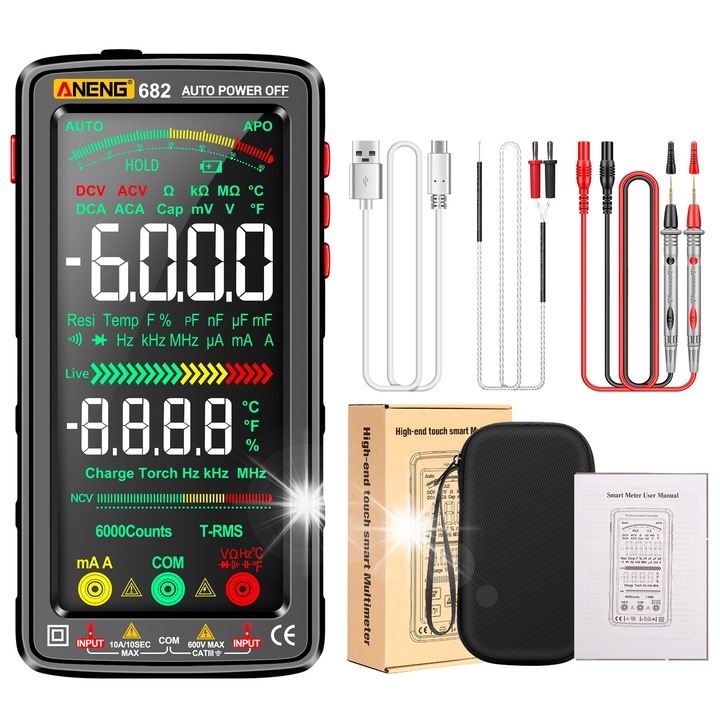 Multimetru digital ANENG 682, 6000 counts, masurare AC/DC, rezistenta, capacitate, temperatura, negru, 152x76x25mm, set complet