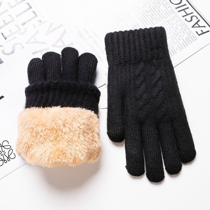 manusi de bumbac, OEM, Manusi de iarna pentru barbati, din blana, cu ecran tactil, ingrosate, rezistente la frig -40 de grade, manusi calduroase, manusi de bumbac - [dublu incalzitor] pereche neagra - marime unica