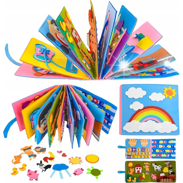 Carte interactiva pentru copii, 12 pagini, 20x20x8,5cm, material textil, multicolor