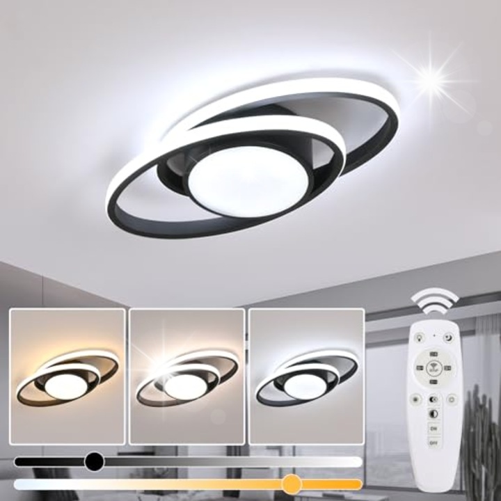 GOECO LED плафонна лампа, модерна, черна, 40W, димируема, с дистанционно управление, 38.5x17x6см