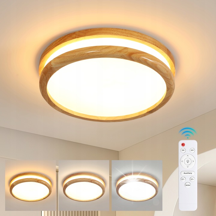 Modern LED mennyezeti lámpa fából, 32W, szabályozható, távirányítóval, 30x30x6.5cm, fehér + natúr fa