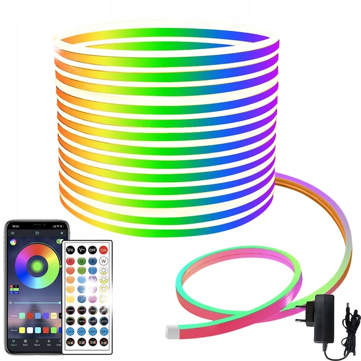 Benz LED RGBIC Neon 10M, 24V, IP67, cu aplicatie Bluetooth si pilot