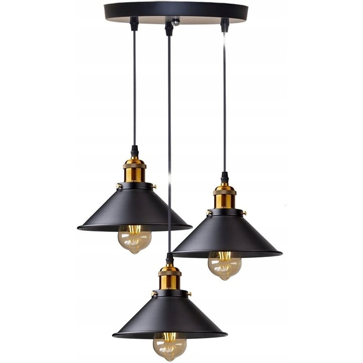 Lustra cu 3 becuri E27, stil retro industrial, metal, negru, pentru bucatarie si dining
